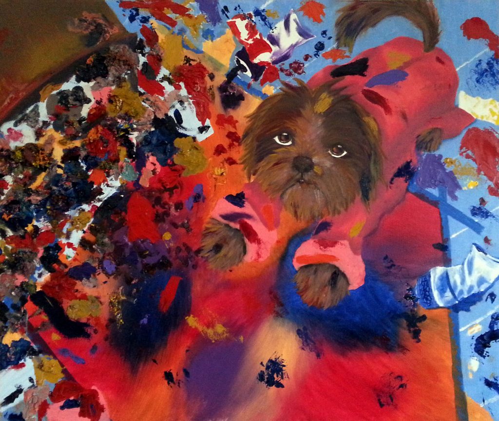 Dana Schutz and Open Casket; Self portrait as a dog oil painting assignment from Dana showing a dog in pink artist's smock painting on the floor with paint and trash