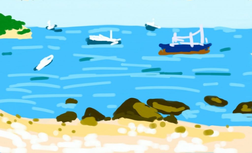 Digital painting phone painting of the beach with ships in the distance