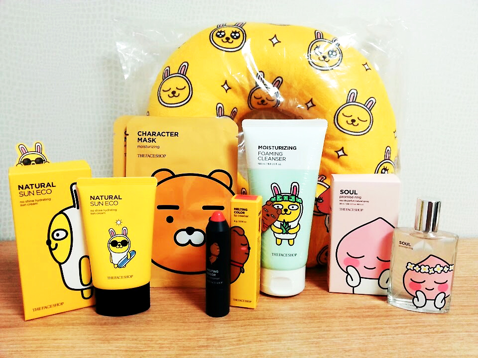 Kakao Friends Face Shop Collaboration Skincare and Makeup haul with skinscreen, face masks, facial cleanser, lip tint, perfume, and a travel pillow in the back
