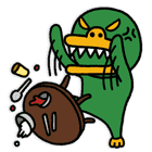 Kakao Friends Angry Green Tube flipping a table with rice, soup and silverware