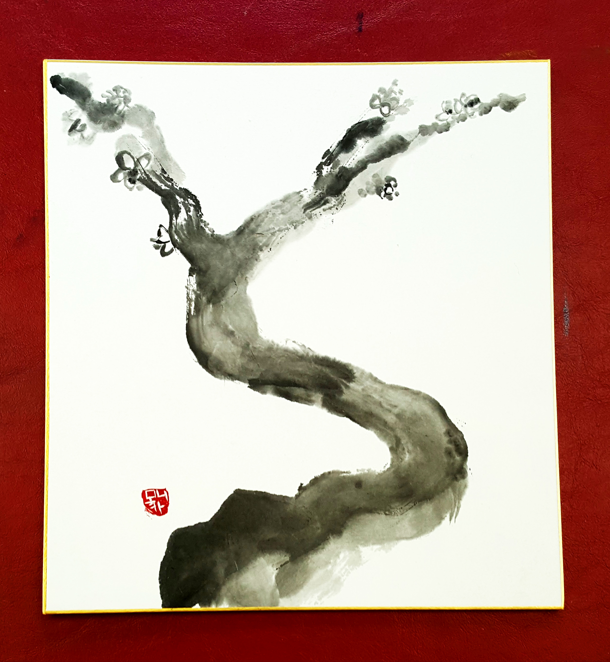 Sumi-e Japanese ink painting final plum painting with red background
