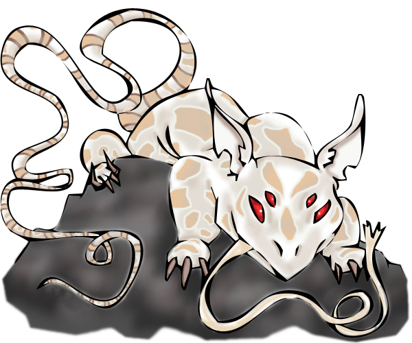 Digital Painting white mythical creature with a long tongue, long tail and four red eyes perched on a gray rock