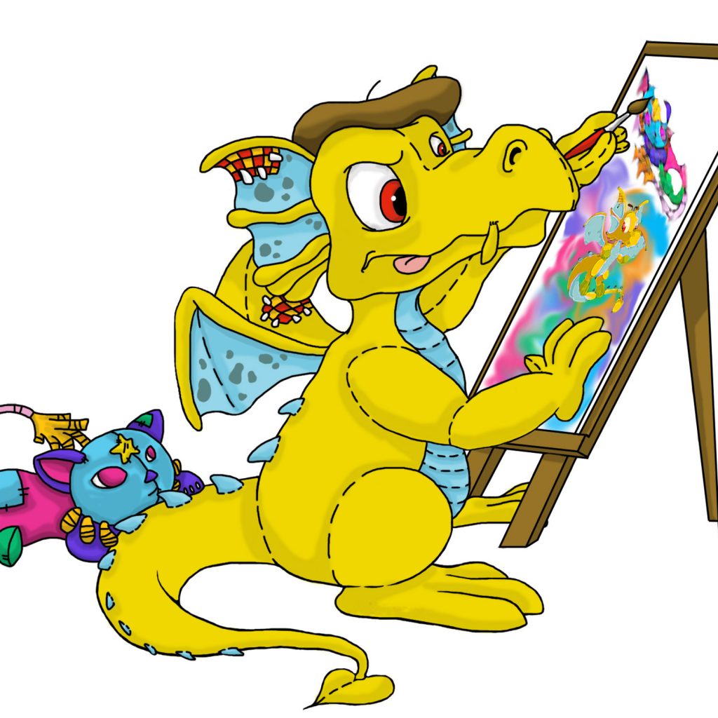 Digital Painting yellow stuffed dragon painting on canvas while a stuffed cat watches