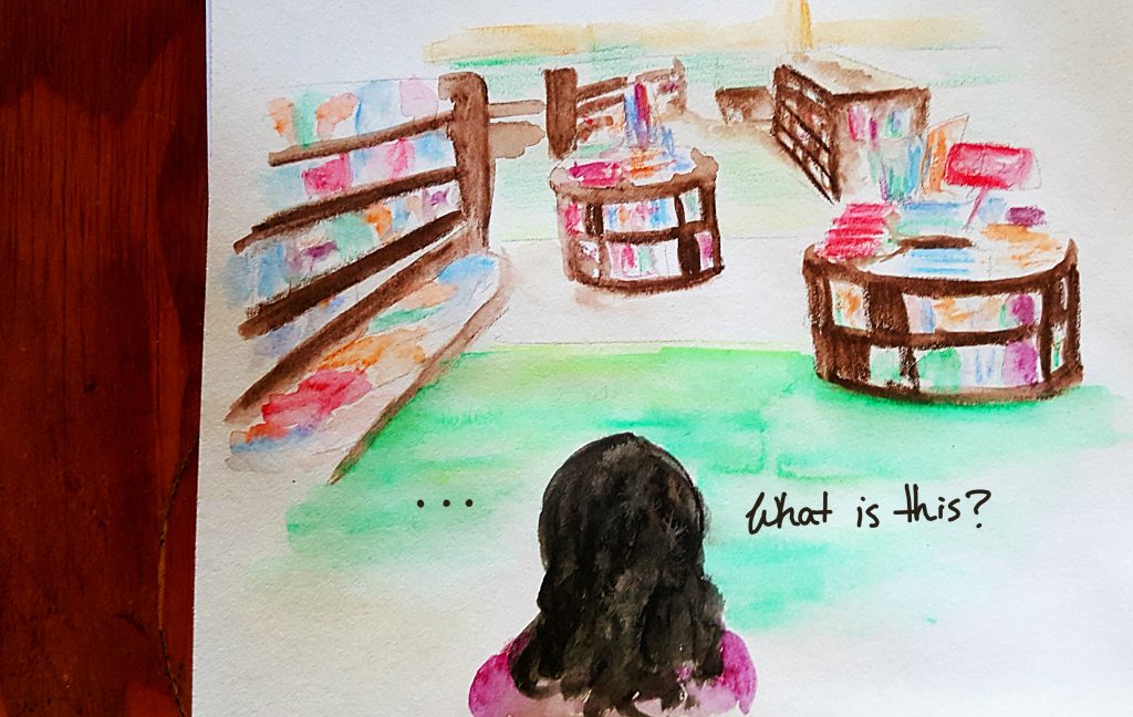 Maker Faire back of author's head looking out over ordinary bookshelves at Barnes and Noble