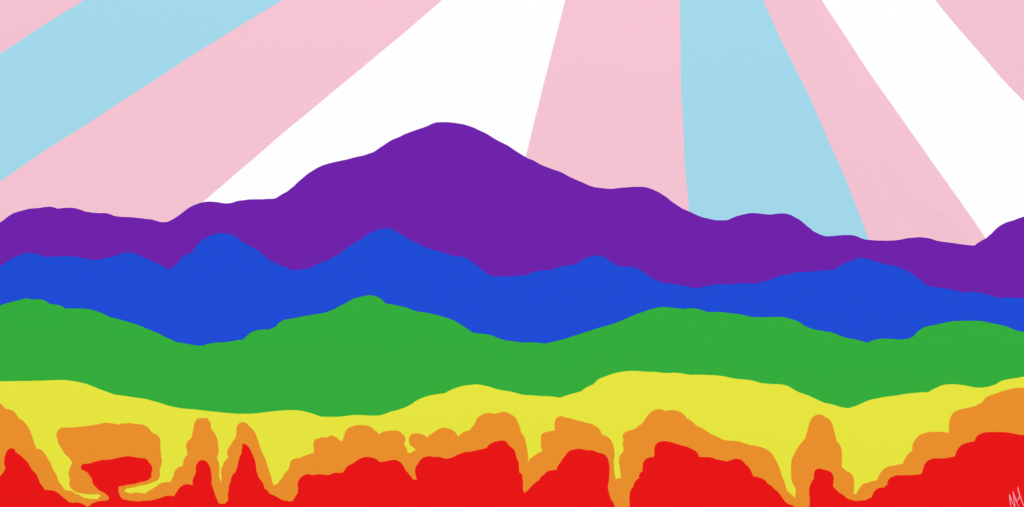 A simple digital painting of a mountain landscape in rainbow. The Pikes Peak skyline is purple with blue, green and yellow landscape-shaped stripes below. Orange and red stripes at the bottom are in the shape of the Garden of the Gods park. The sky is the color of the trans flag (alternating stripes of light blue, pink, and white).
