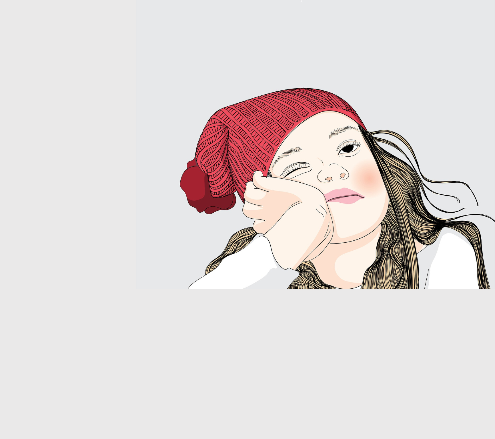 illustration of girl in a red beanie with her face in one hand, looking bored/tired